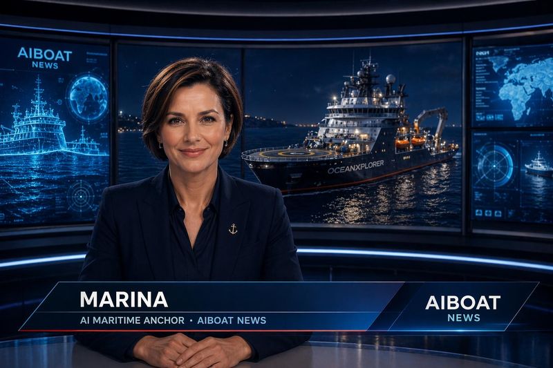 Marina, the AI maritime anchor for AIBOAT News, at a studio desk
